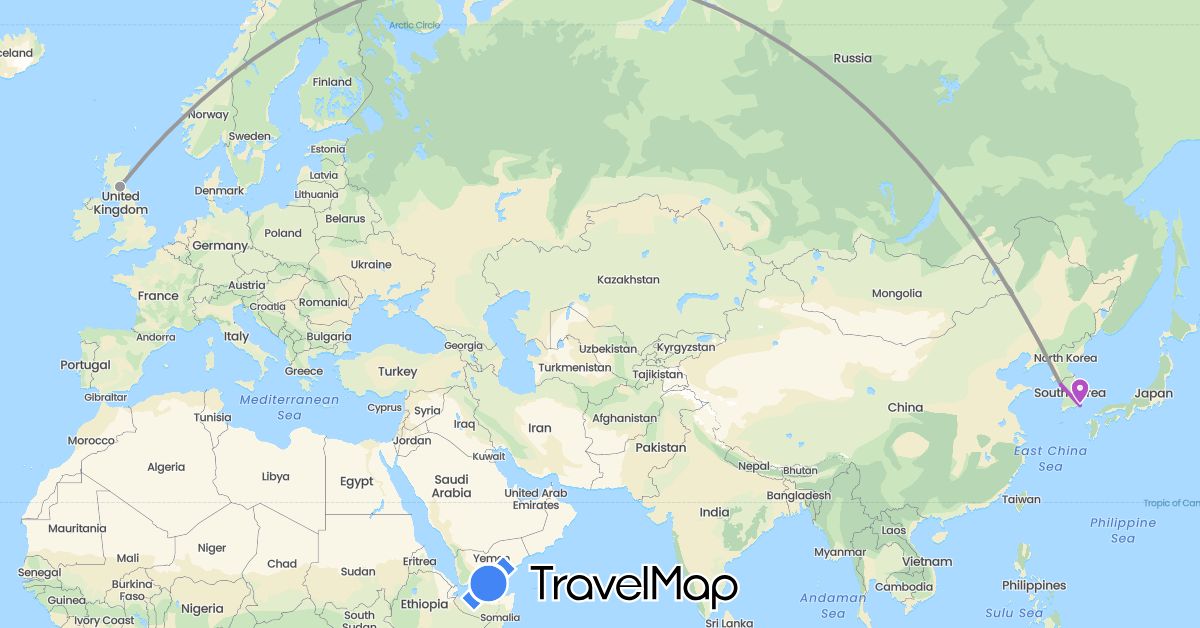 TravelMap itinerary: driving, plane, train in United Kingdom, South Korea (Asia, Europe)